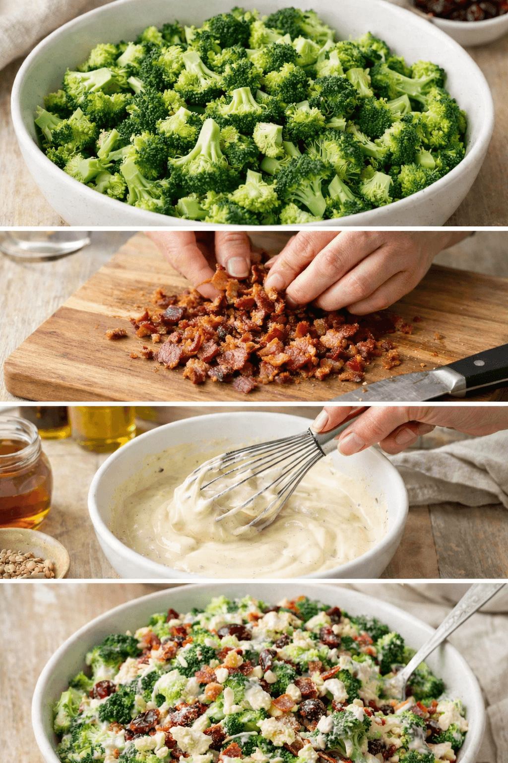 Step-by-step collage of broccoli salad preparation from chopped ingredients to finished dish