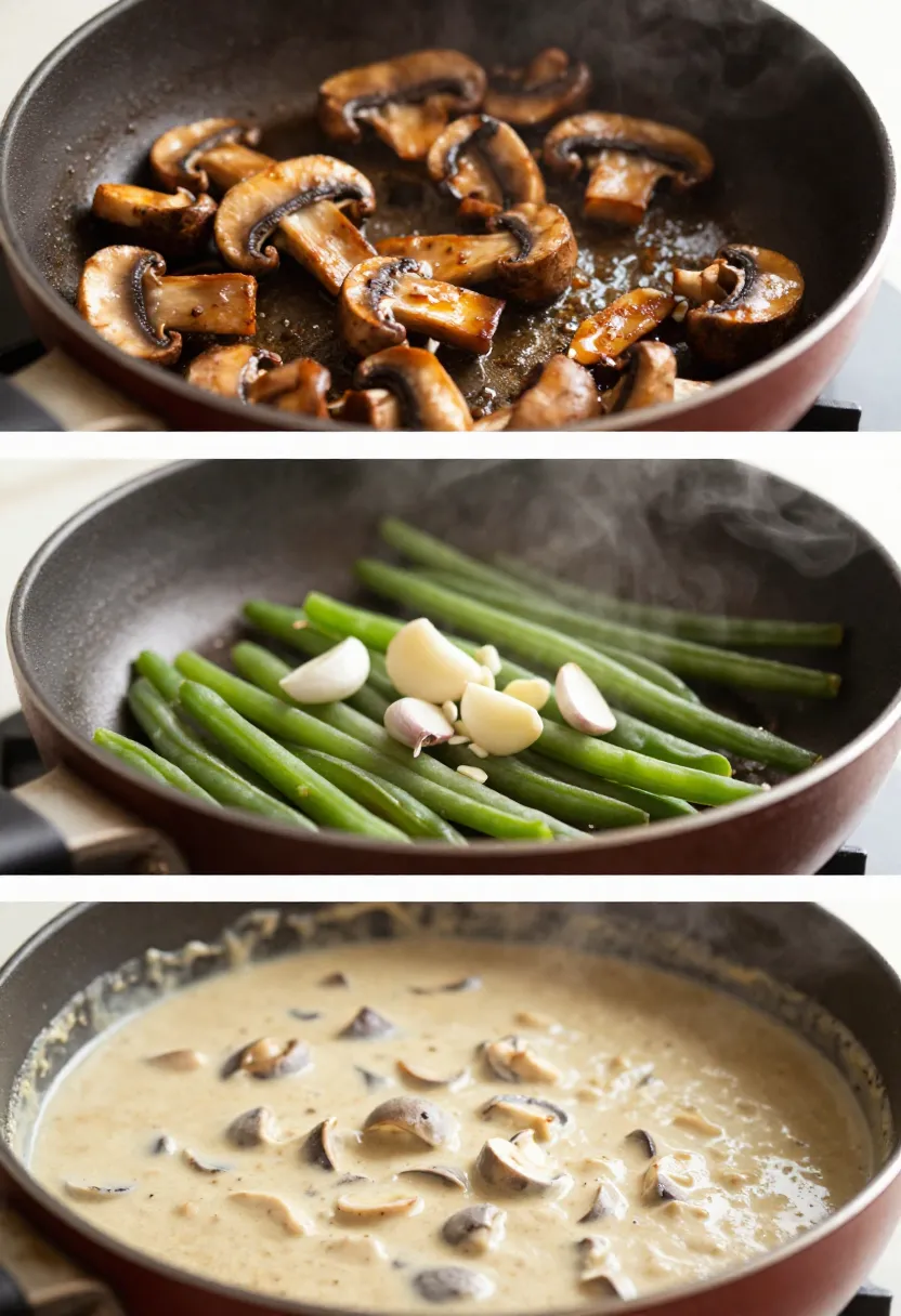 Collage of sautéing mushrooms and creamy sauce preparation