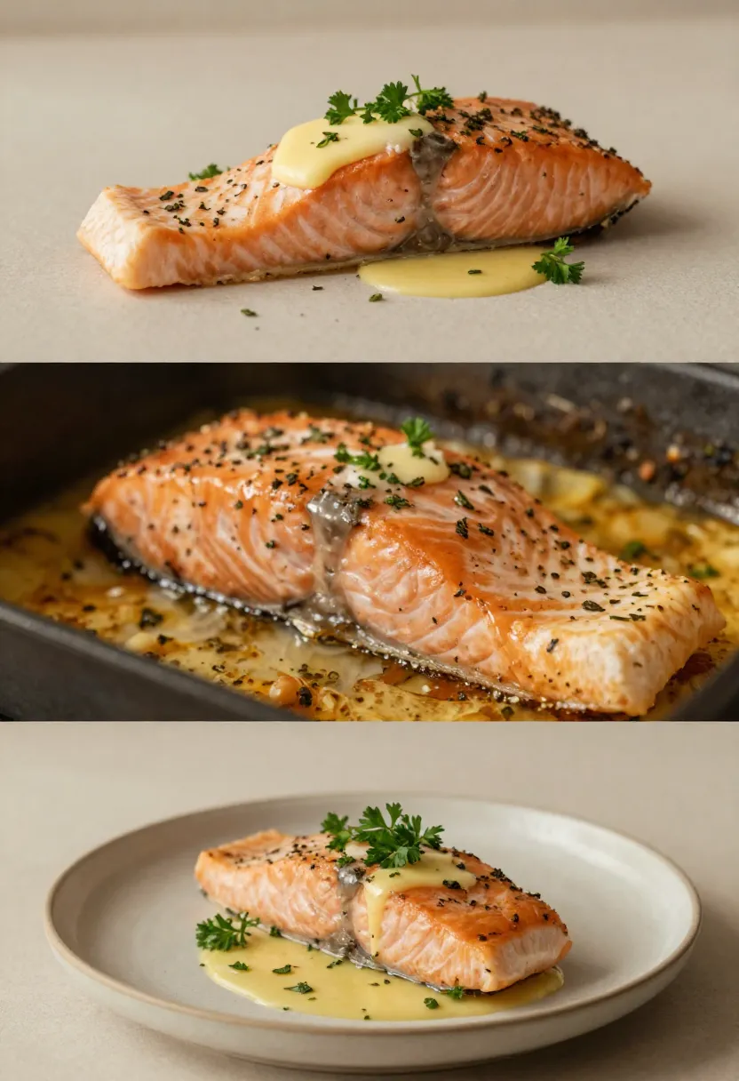 Butter herb baked salmon with melted butter and greens