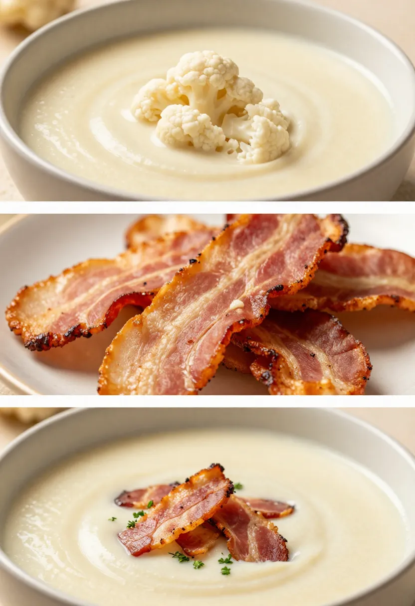 Cauliflower soup with crispy bacon in a soft collage.