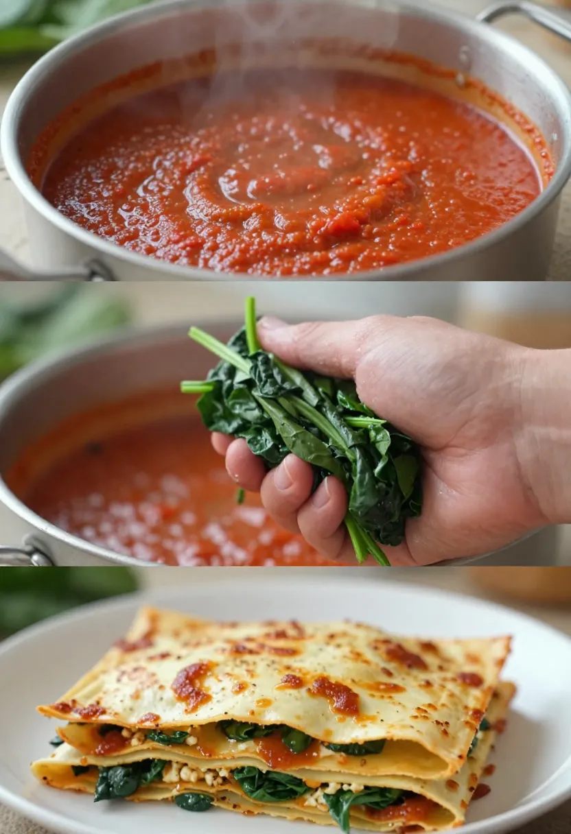 A detailed 2–3 frame collage highlighting small but important cooking details in the preparation of spinach and ricotta lasagne.