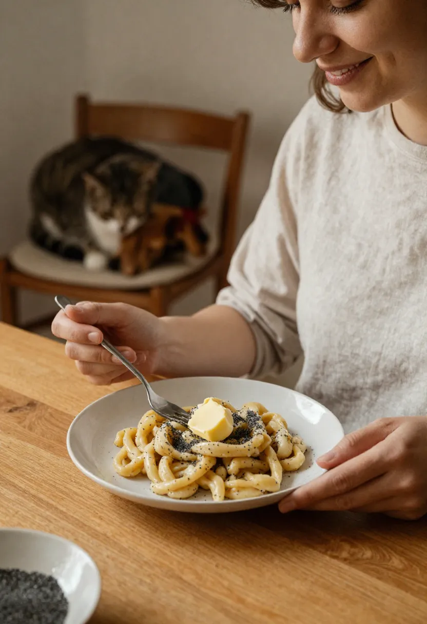 Person enjoying mohnnudeln at home with a pet in cozy setting