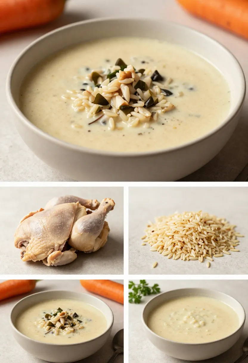 Chicken and wild rice soup with ingredients in a clean collage.