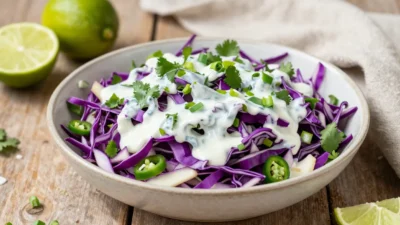 Cilantro lime coleslaw with green and red cabbage in light creamy dressing outdoors