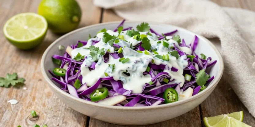 Cilantro lime coleslaw with green and red cabbage in light creamy dressing outdoors