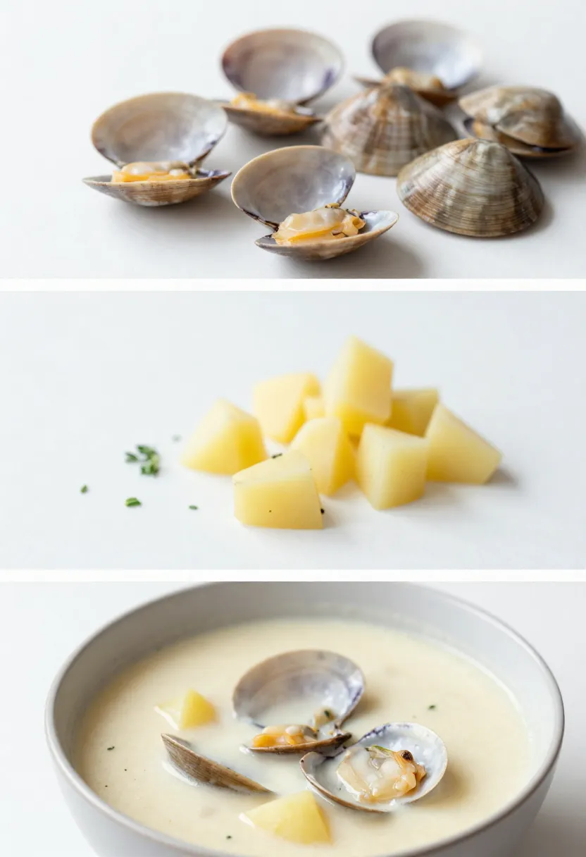 Clam chowder with fresh clams in a light, coastal-style collage.