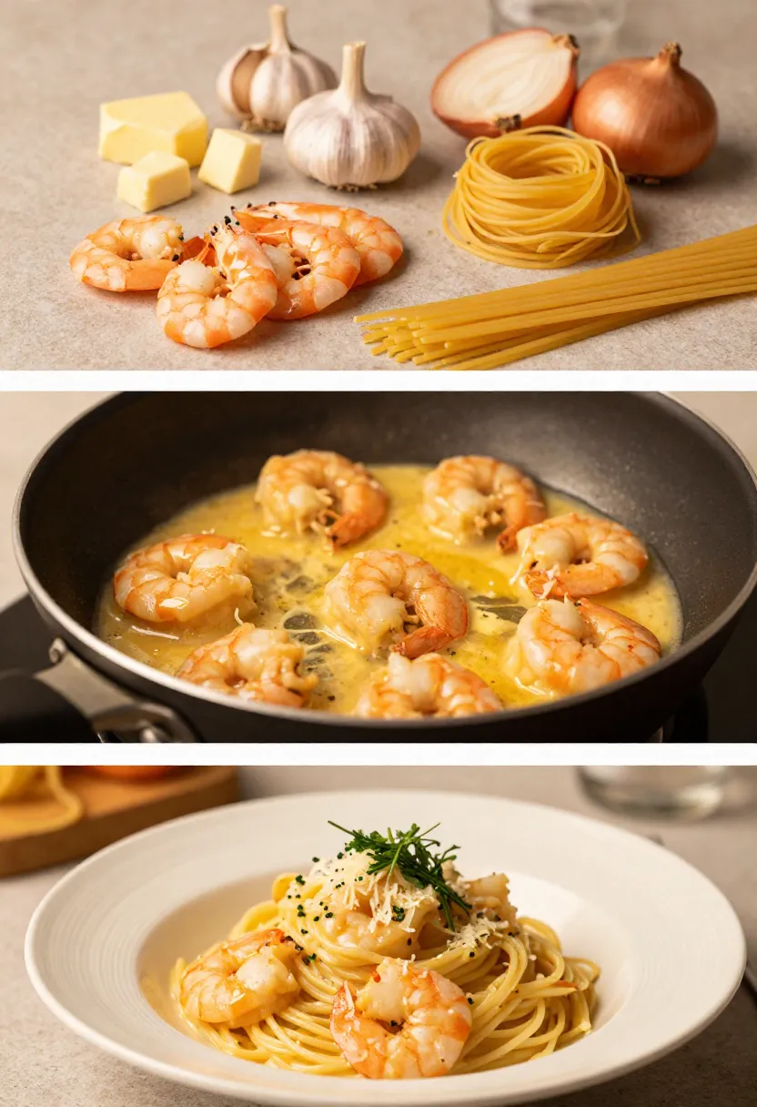 Butter shrimp pasta ingredients, cooking, and plated dish