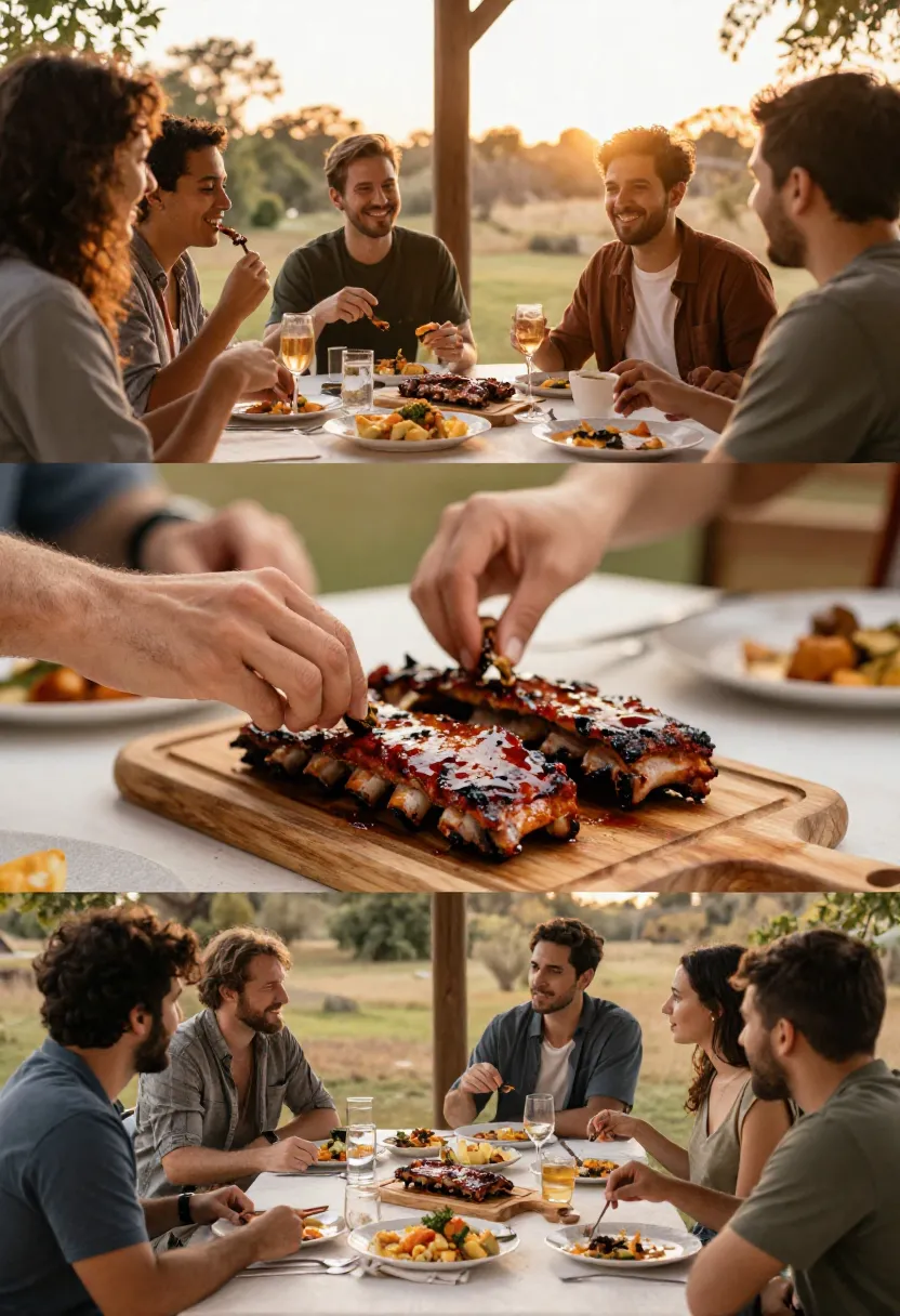 People enjoying BBQ ribs together on a cozy outdoor terrace