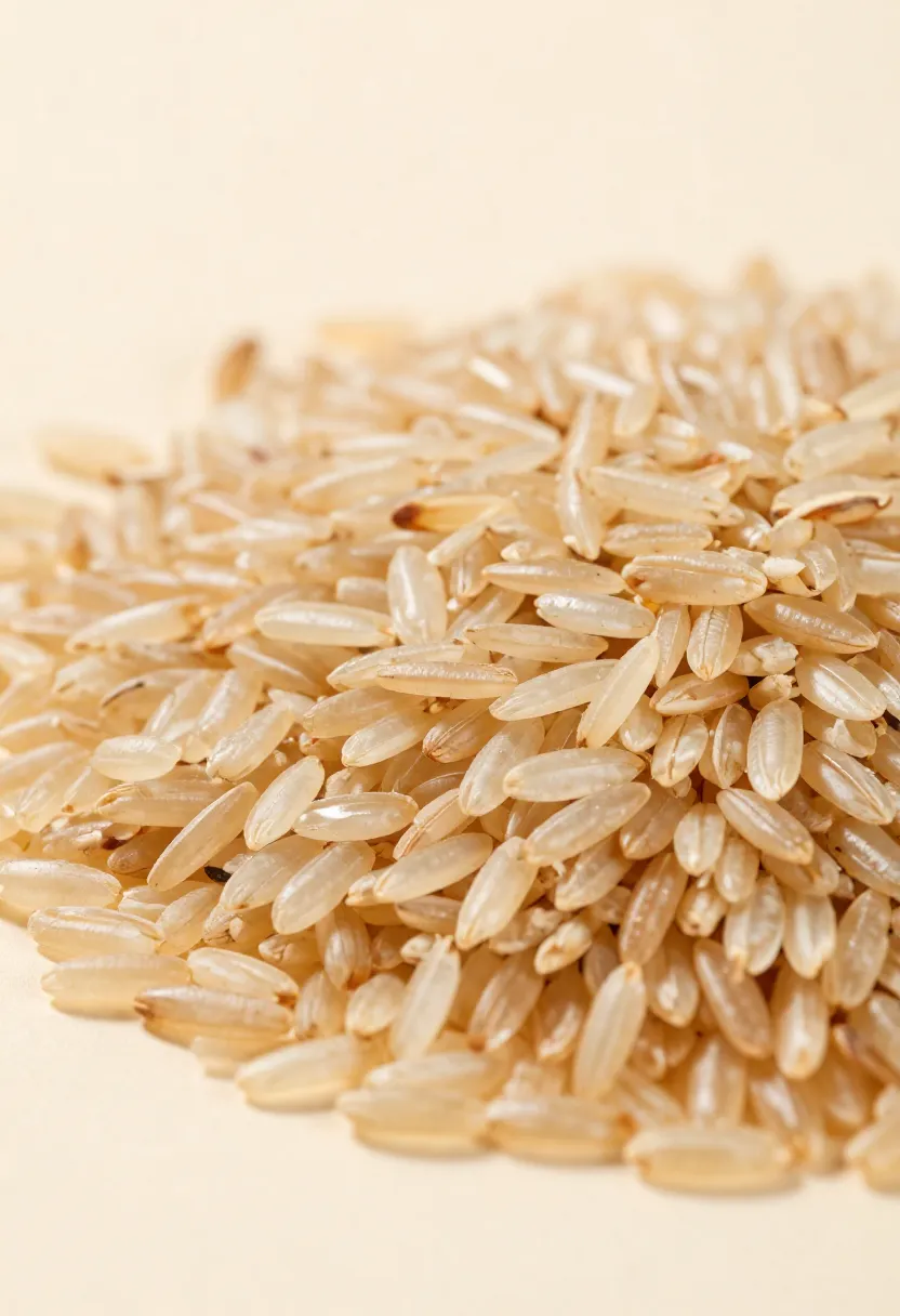 Brown rice grains and cooked rice in a clean, minimal composition