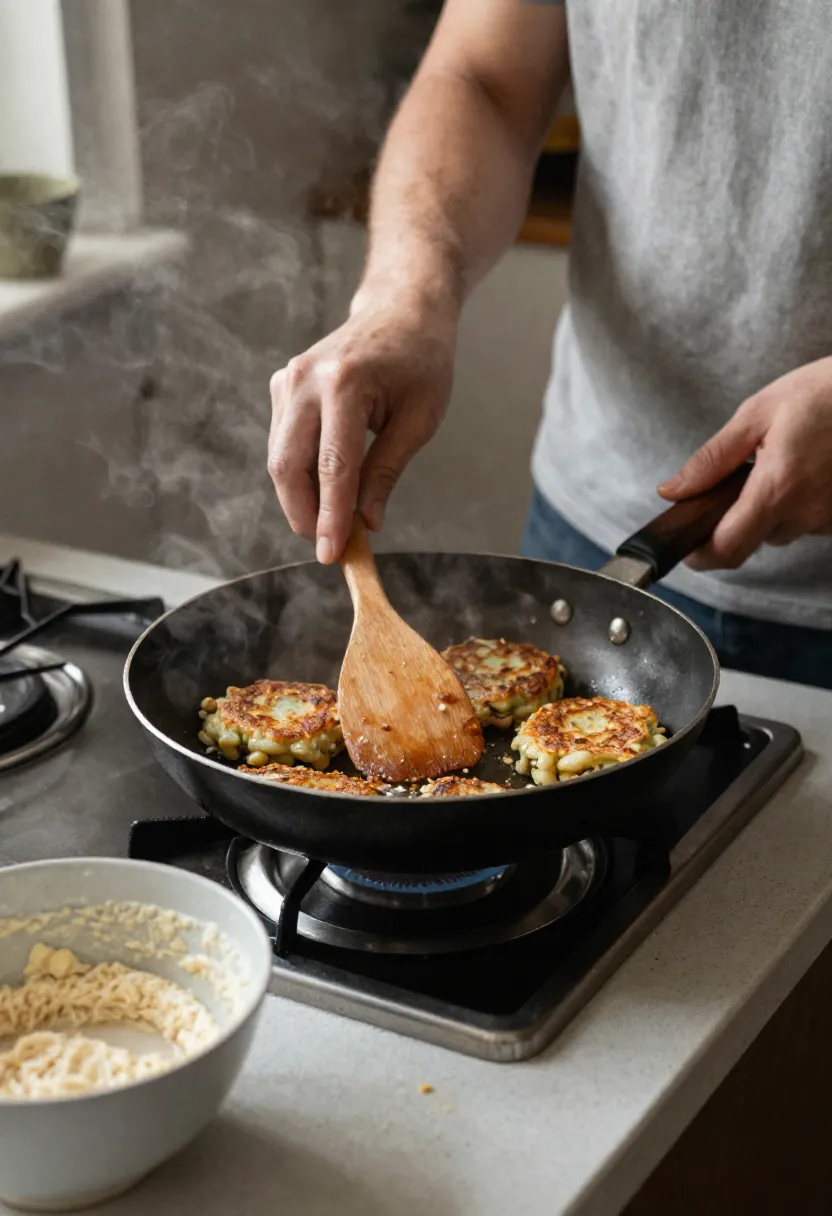 Person calmly cooking fritters in a pan in a warm, relaxed kitchen moment