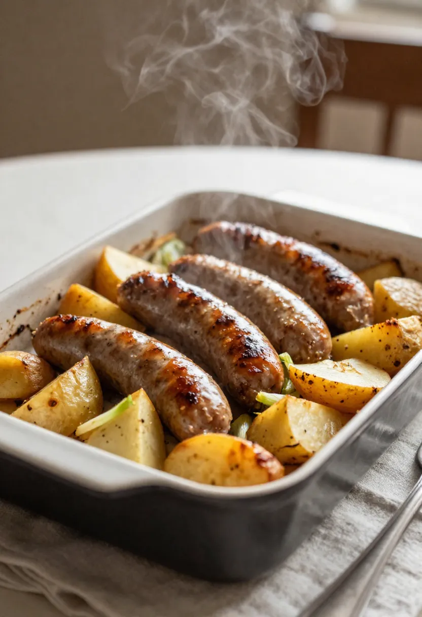 Sausage, fennel and apple tray bake served in a relaxed, natural setting