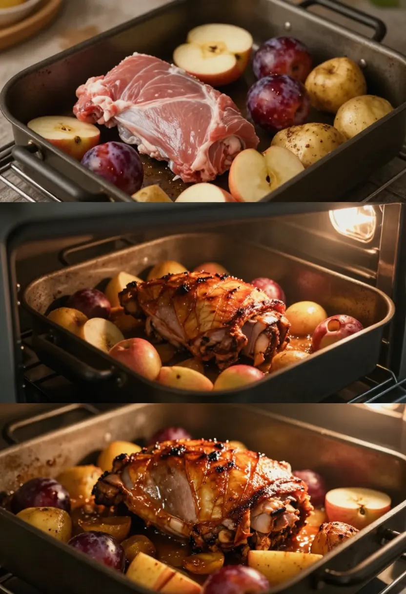 Collage showing stages of roasting pork with apples and plums
