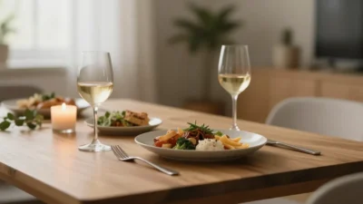 Cozy evening atmosphere with simple meal and warm lighting