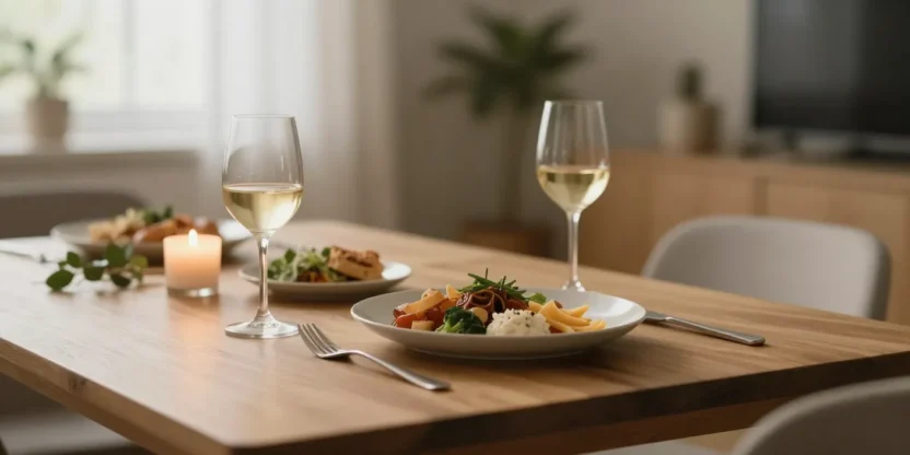 Cozy evening atmosphere with simple meal and warm lighting