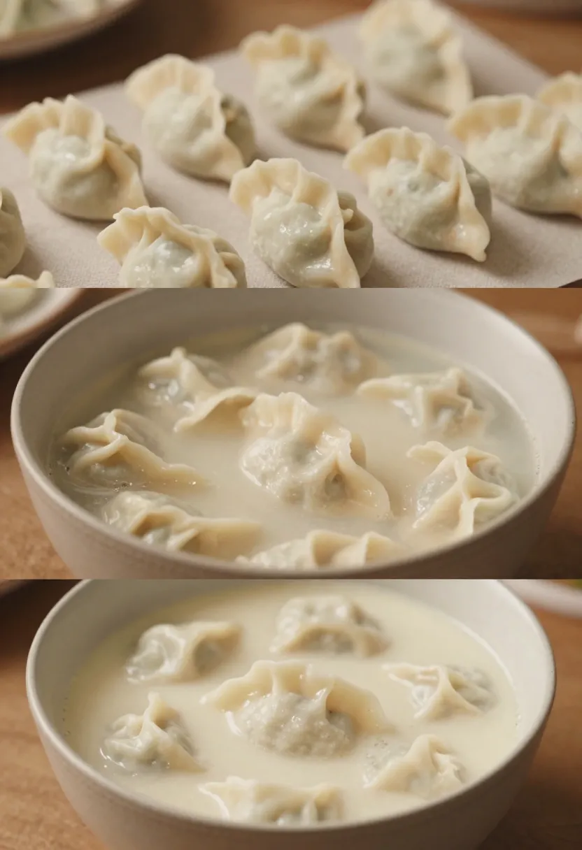 Creamy dumpling soup with handmade dumplings in a warm collage.