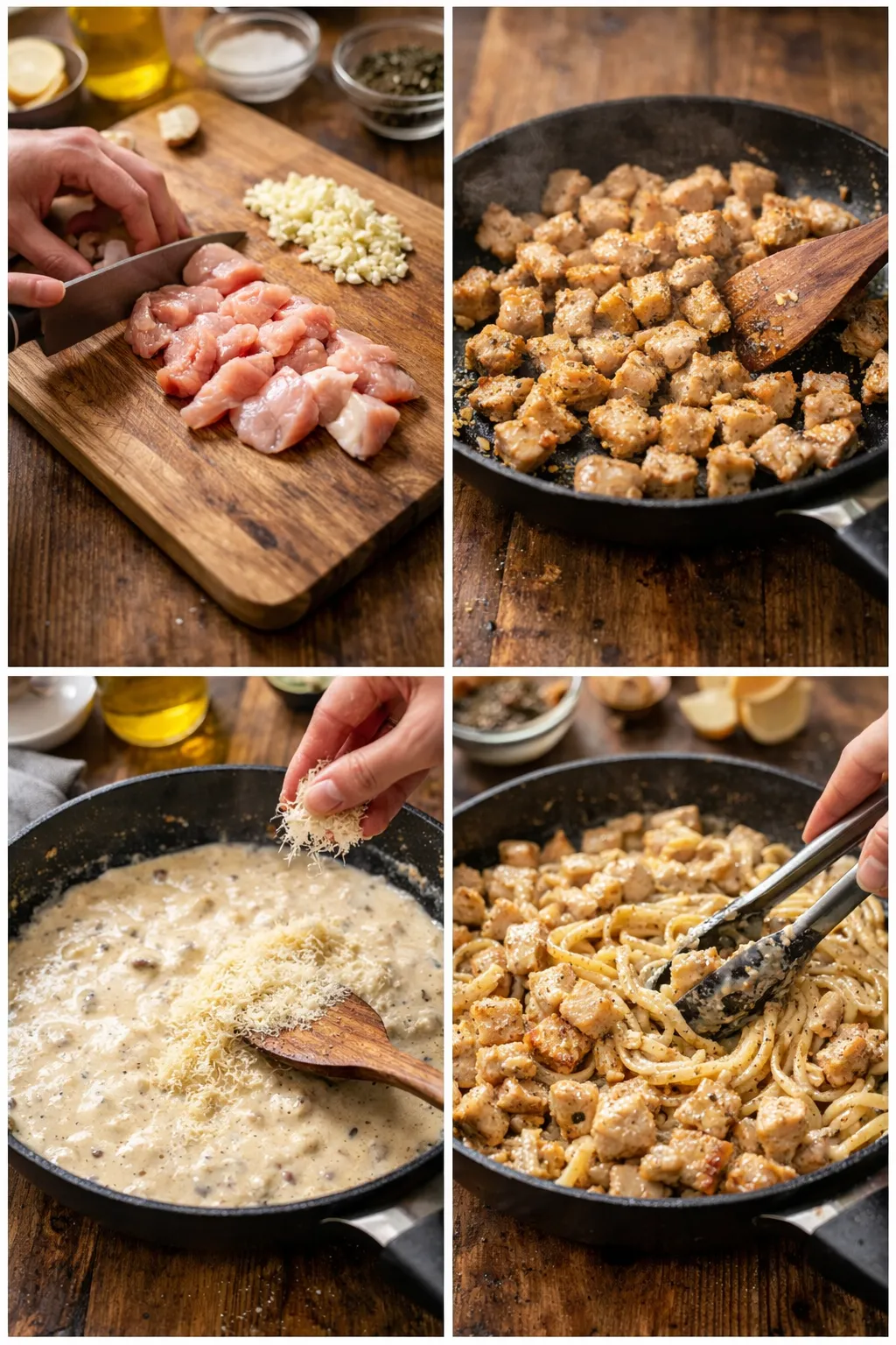 Collage of creamy chicken pasta cooking steps at home