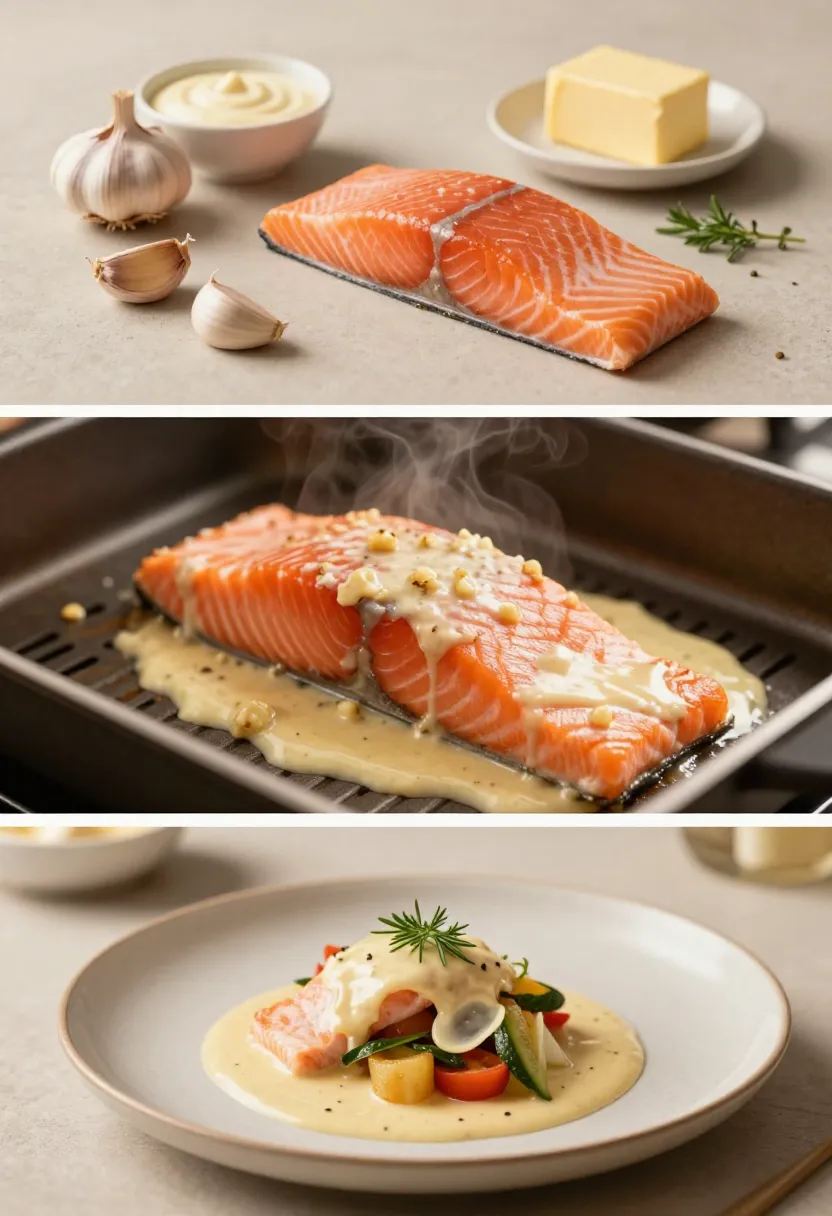 Creamy garlic salmon with smooth sauce and herbs