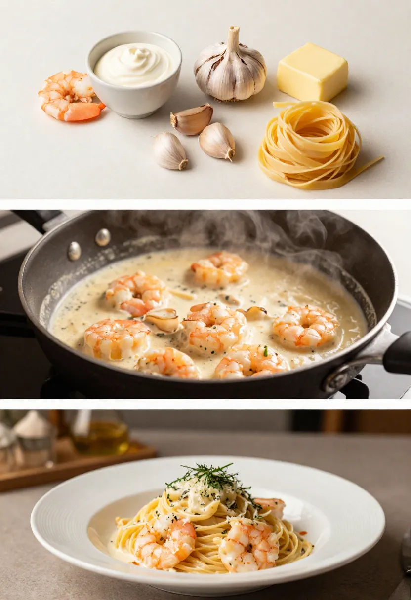 Creamy garlic shrimp pasta ingredients, cooking, and plated dish