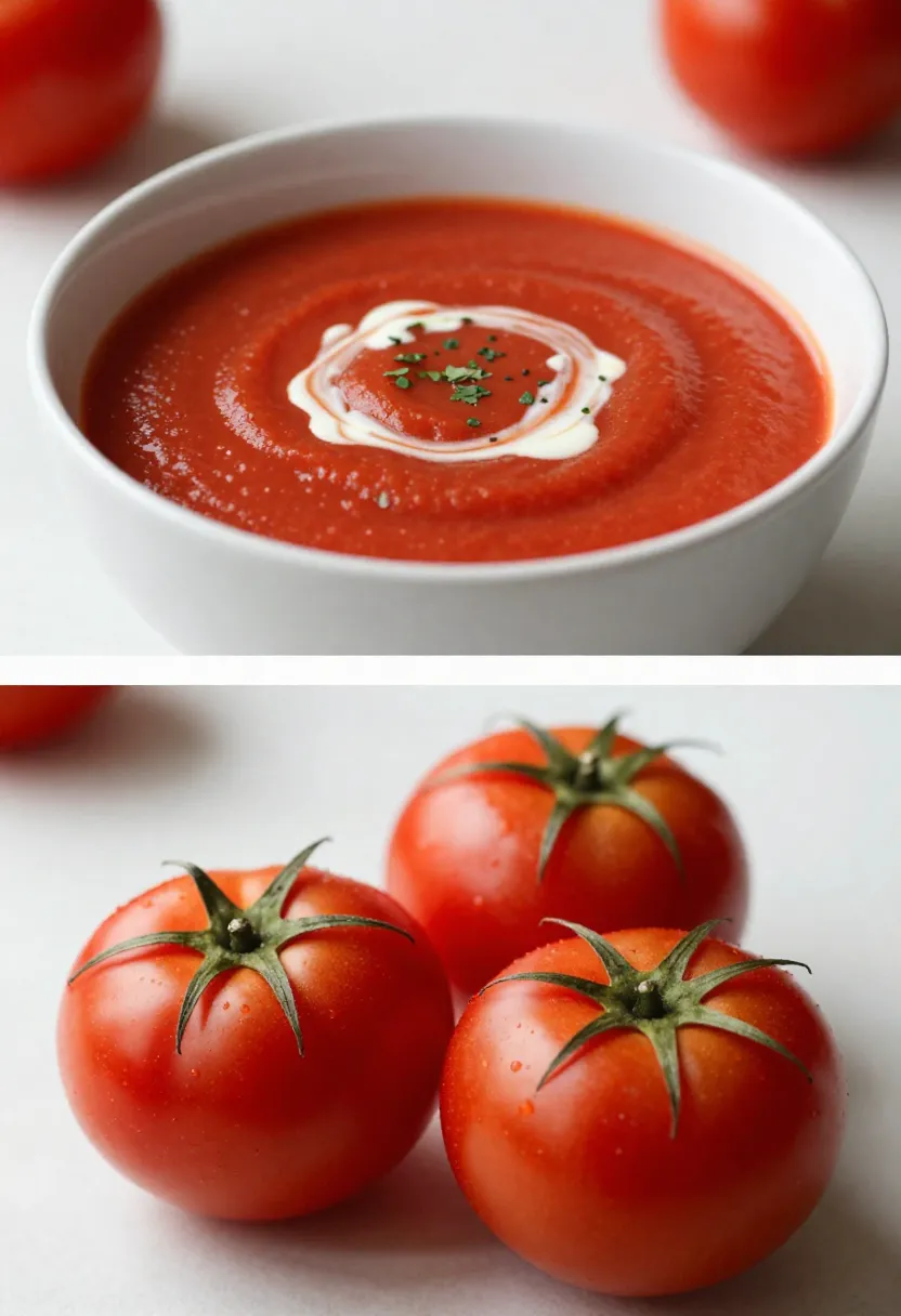Creamy tomato soup with fresh tomatoes in a clean two-frame collage.