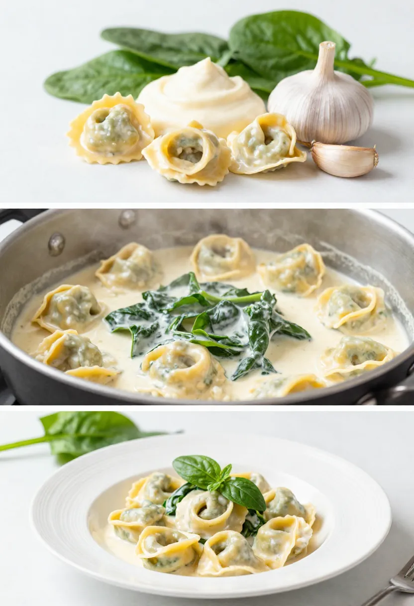 Collage of creamy tortellini with greens from ingredients to plated dish