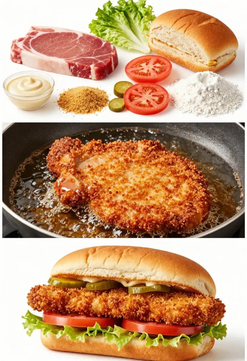 Loaded crispy pork chop sandwich collage with breading, frying process, and crunchy sandwich with vegetables and sauce
