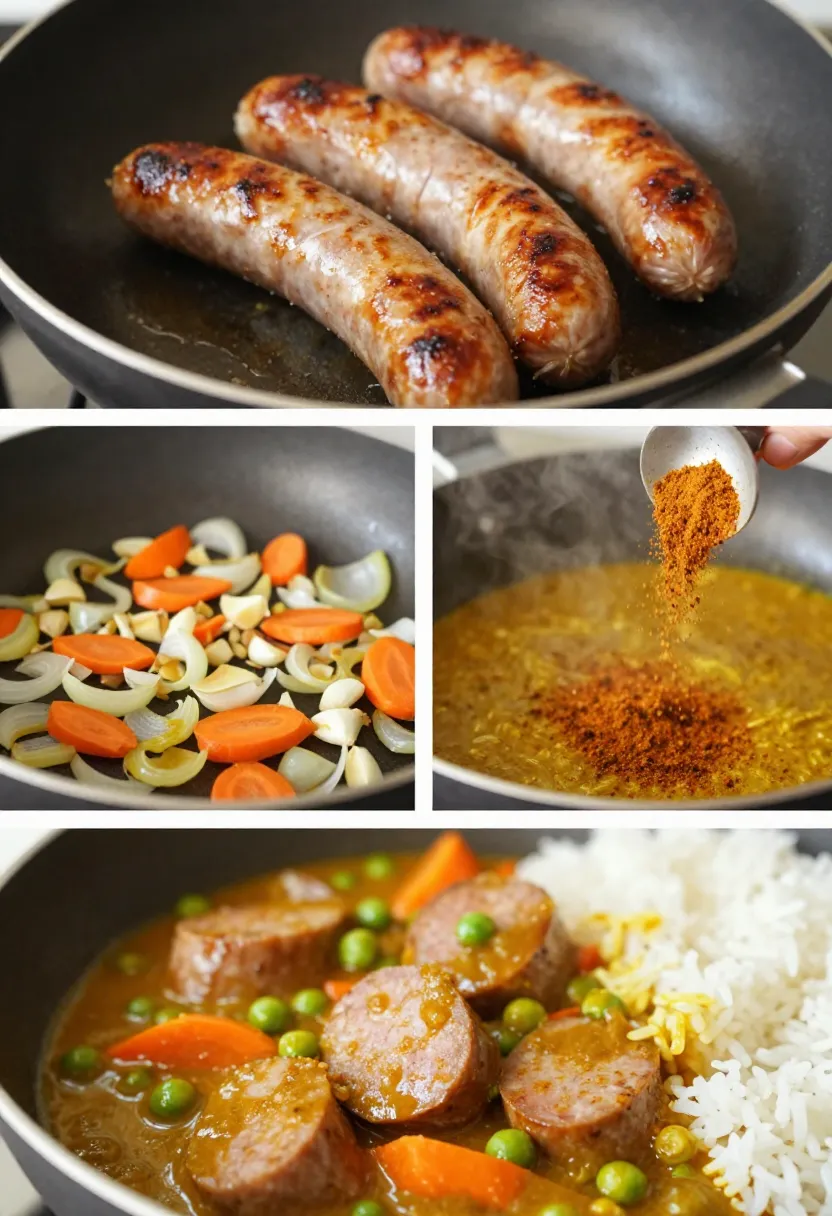 Collage showing step-by-step cooking of curried sausages with rice