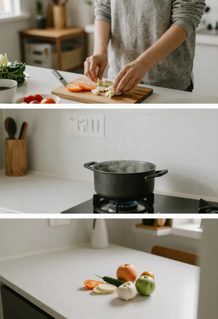 Collage showing simple daily cooking routine at home