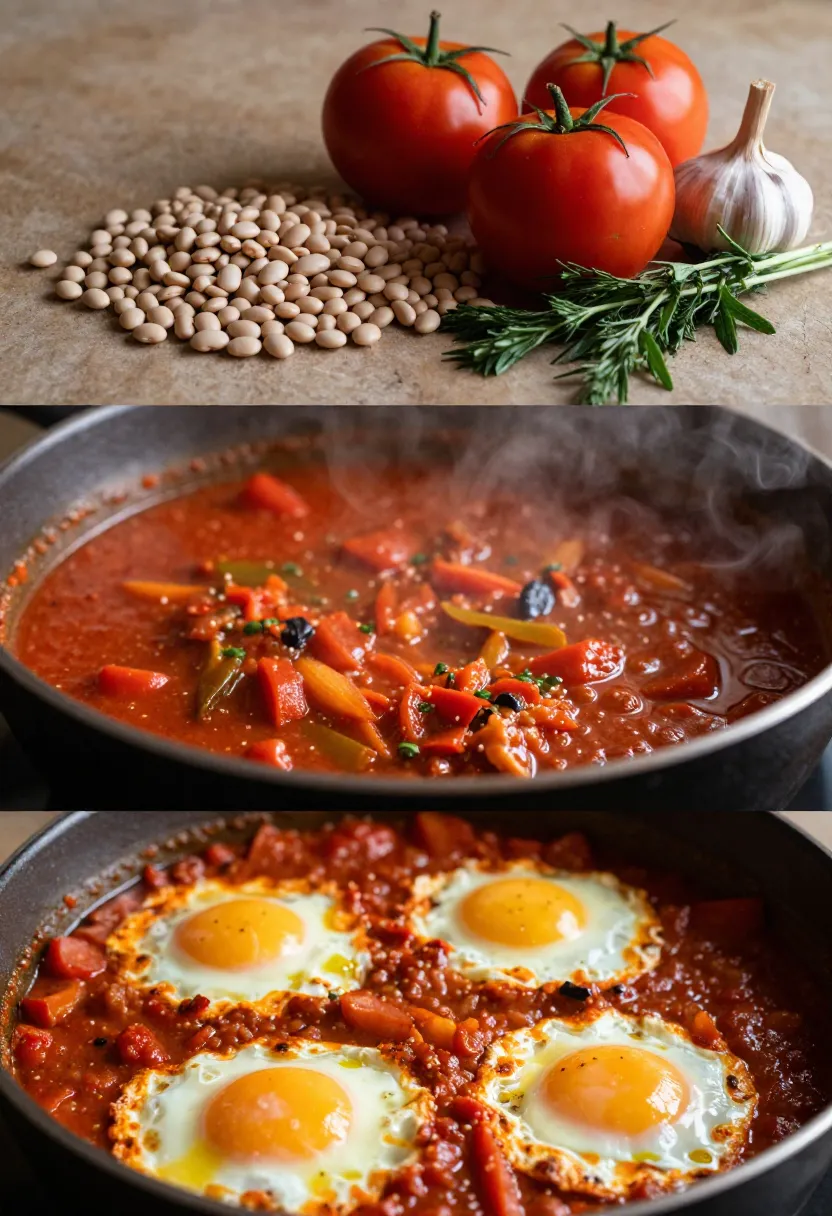 Collage of ingredients, cooking process, and baked beans with eggs dish