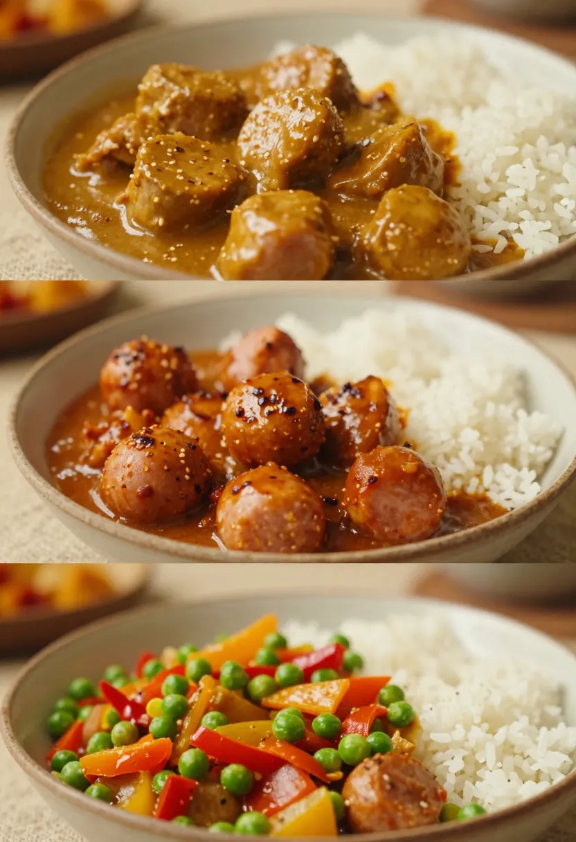 Collage of different curried sausages variations with rice and vegetables