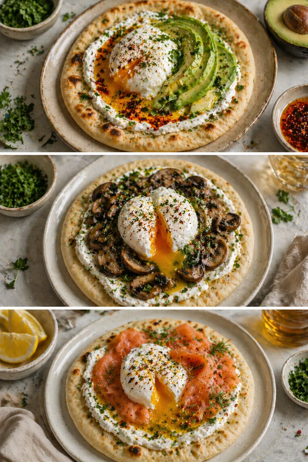 Flatbread with poached eggs in different topping variations