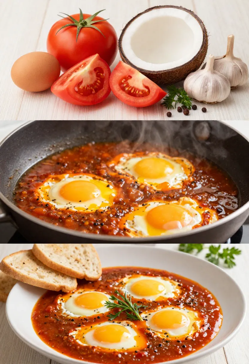 Collage of eggs in spiced sauce from ingredients to plated dish