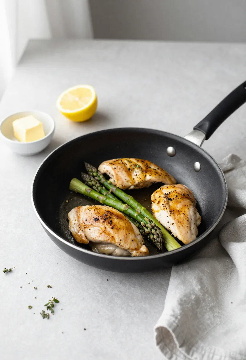 One-pan lemon chicken with asparagus in a simple cooking setup