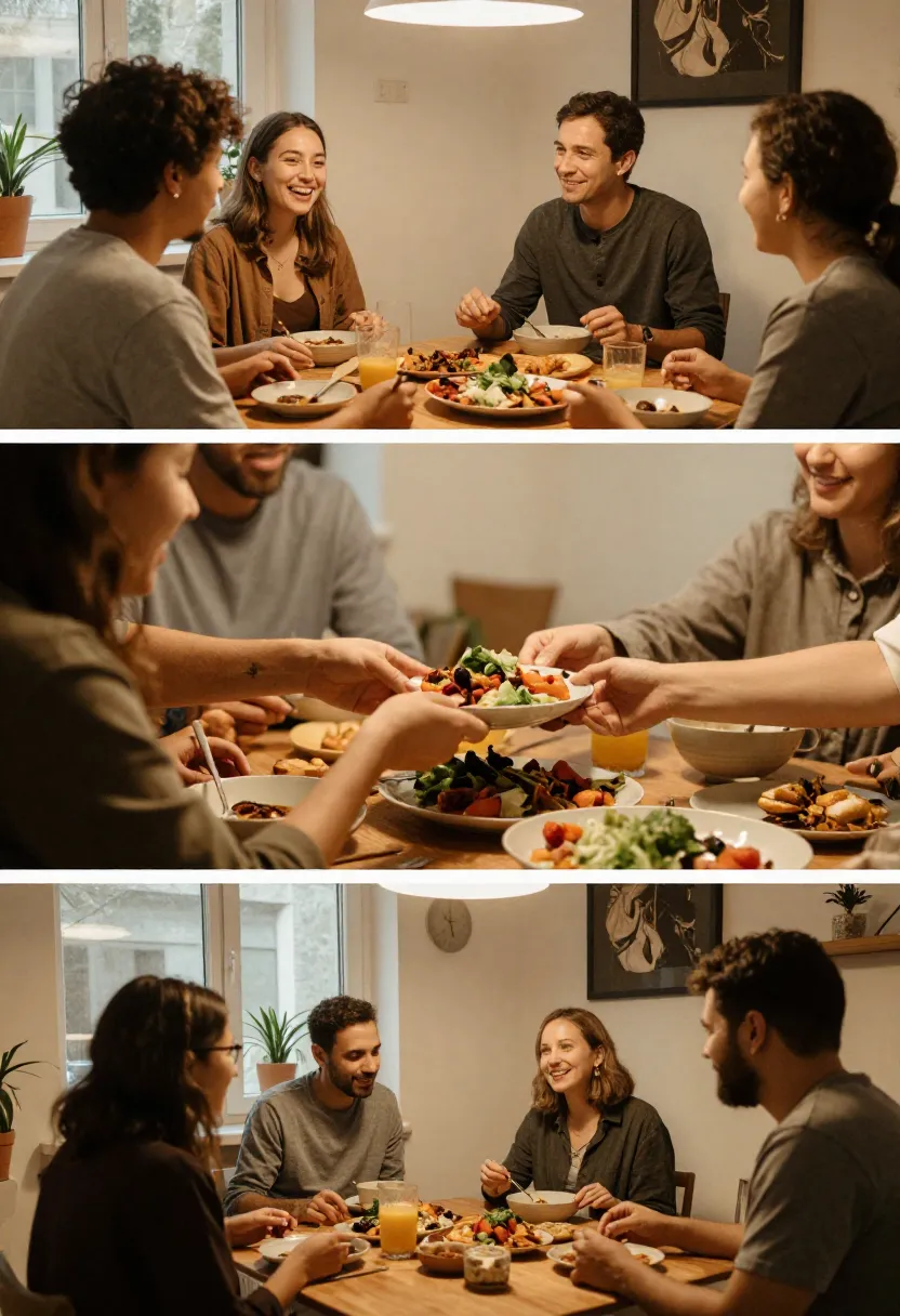 People sharing a simple meal and talking at the table