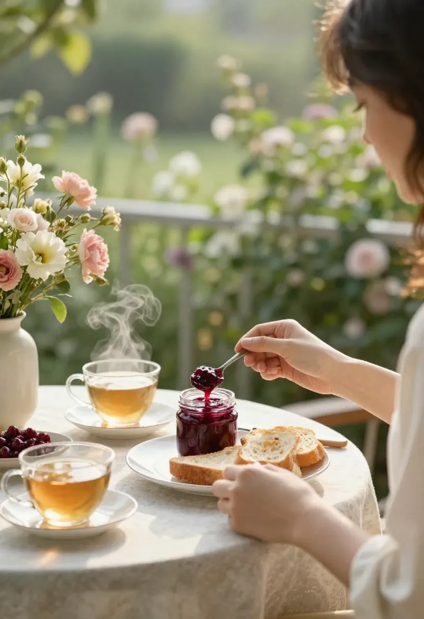 person enjoying breakfast with cranberry sauce and tea on a flower-filled veranda