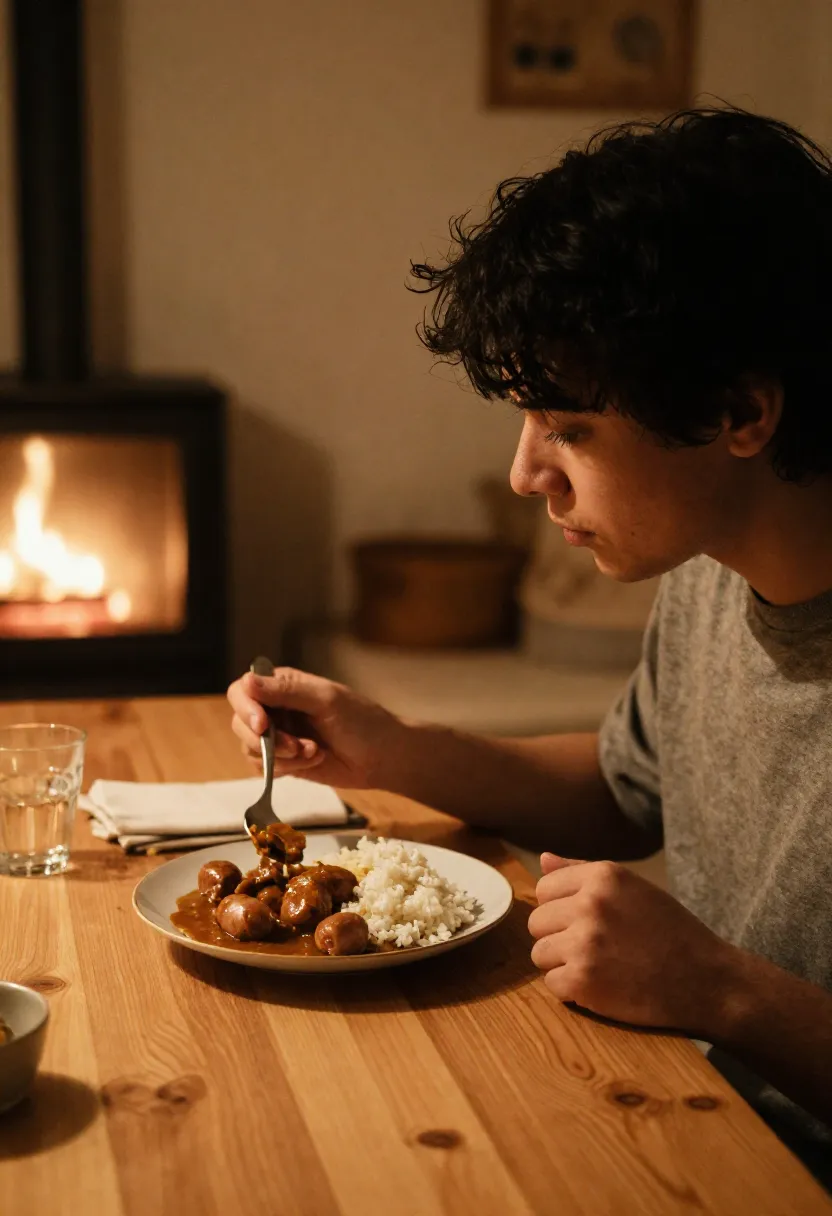 Person enjoying curried sausages in a warm, cozy home setting