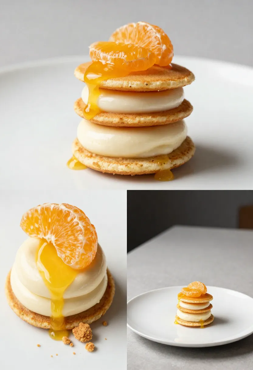 Elegant restaurant-style pikelets with white chocolate cream and mandarin glaze