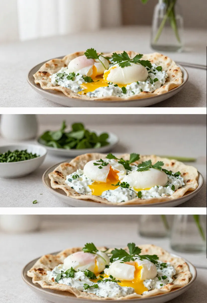 Flatbread with poached eggs served in morning, brunch, and evening settings