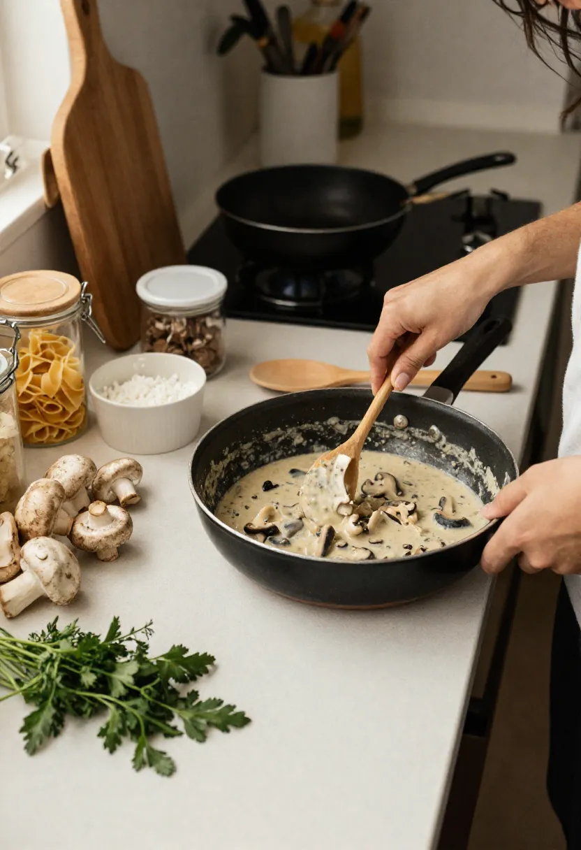 Casual home cooking scene with mushroom stroganoff in progress