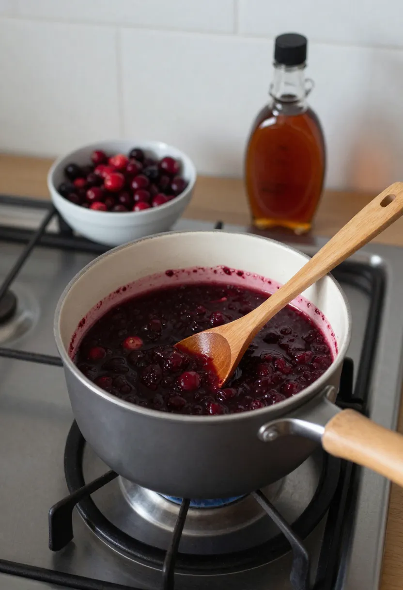 cranberry sauce cooking in a pot with simple everyday ingredients