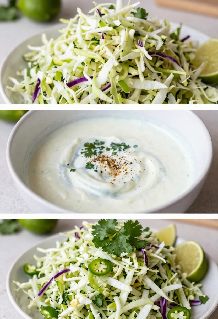 Collage of cabbage, dressing and finished cilantro lime coleslaw