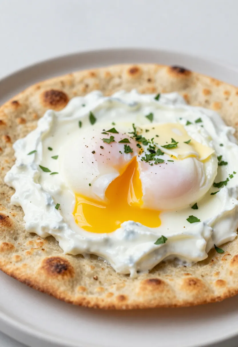 Close-up of flatbread with poached eggs, yogurt, and herbs