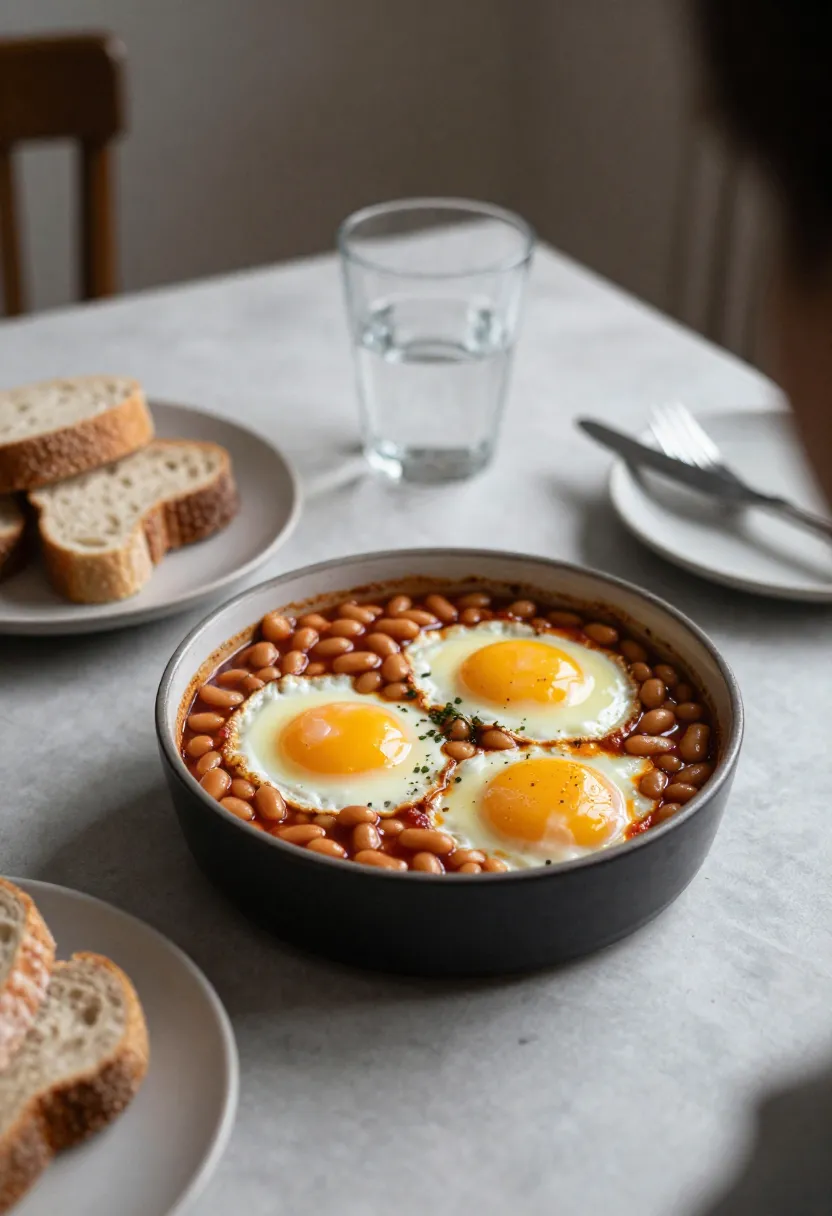Baked beans with eggs served on a cozy shared table with bread