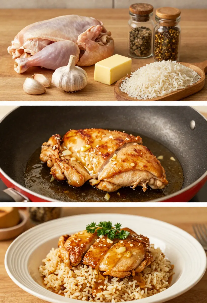 Collage of garlic butter chicken with rice from cooking to plated dish