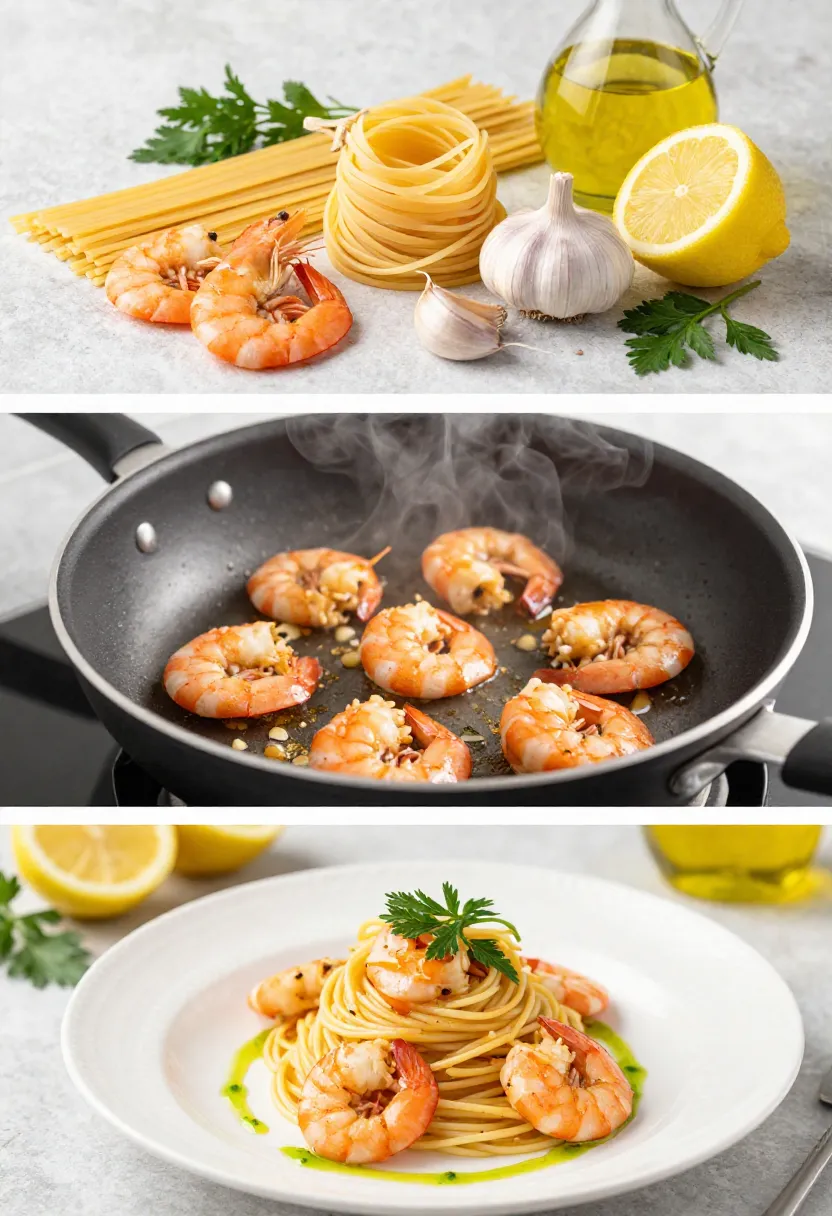 Garlic lemon shrimp pasta cooking process and plated dish