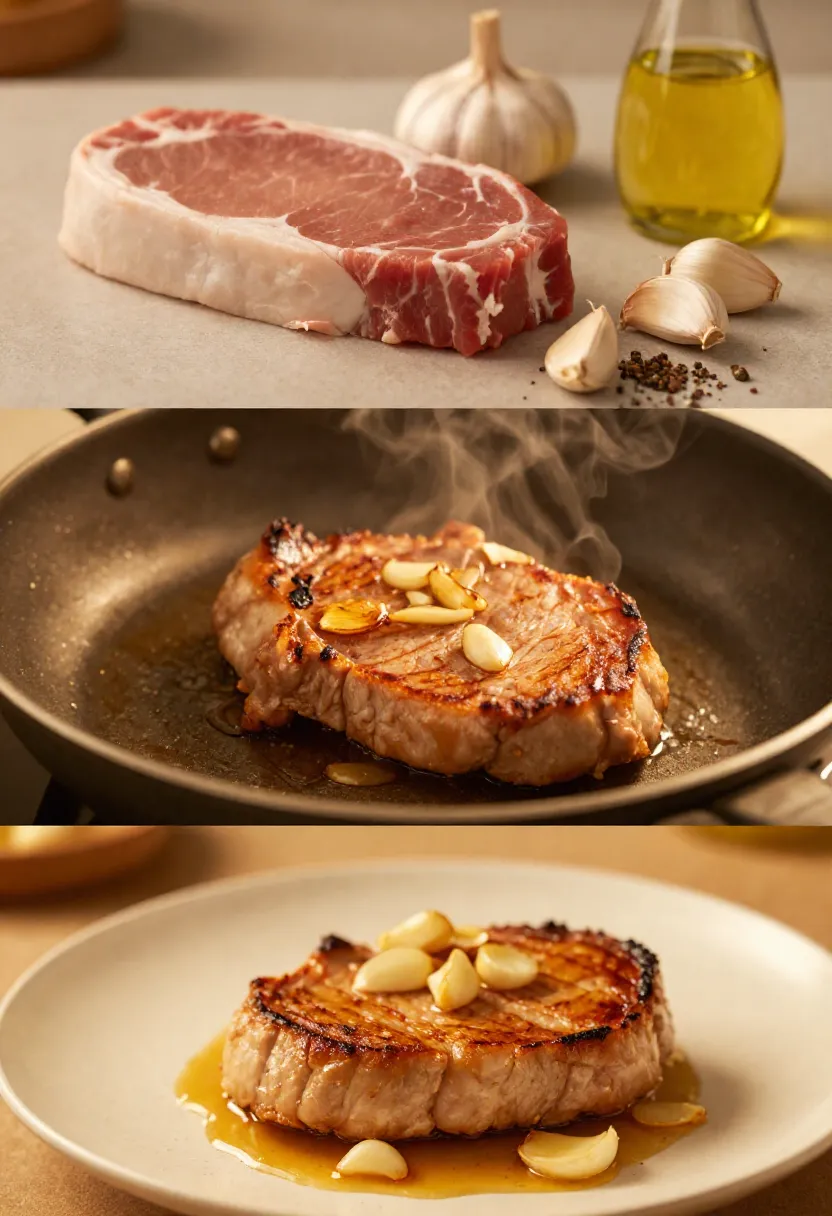 Garlic pork chop collage with ingredients, cooking process, and plated dish with golden garlic