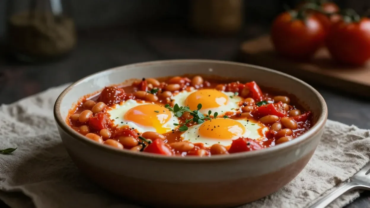 Rustic baked beans with eggs in tomato sauce in a cozy, moody setting