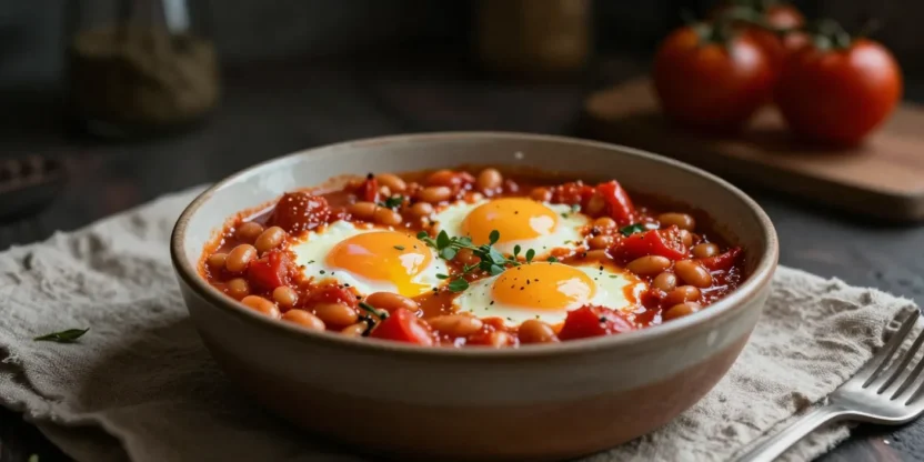 Rustic baked beans with eggs in tomato sauce in a cozy, moody setting