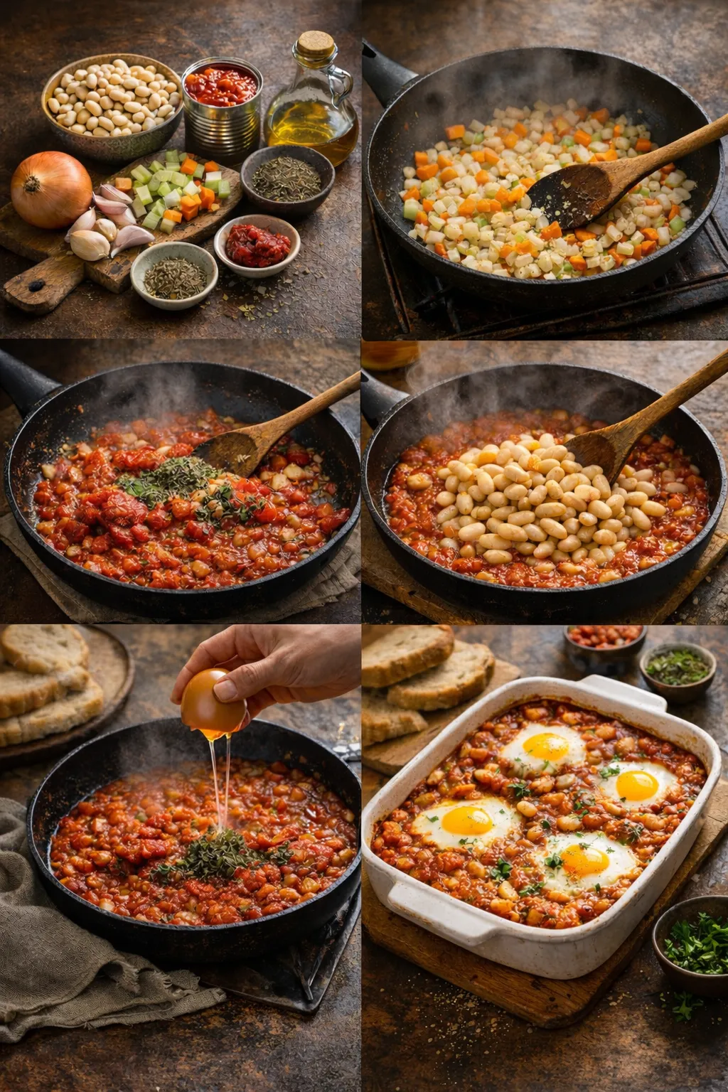 Step-by-step collage of cooking baked beans with eggs in tomato sauce