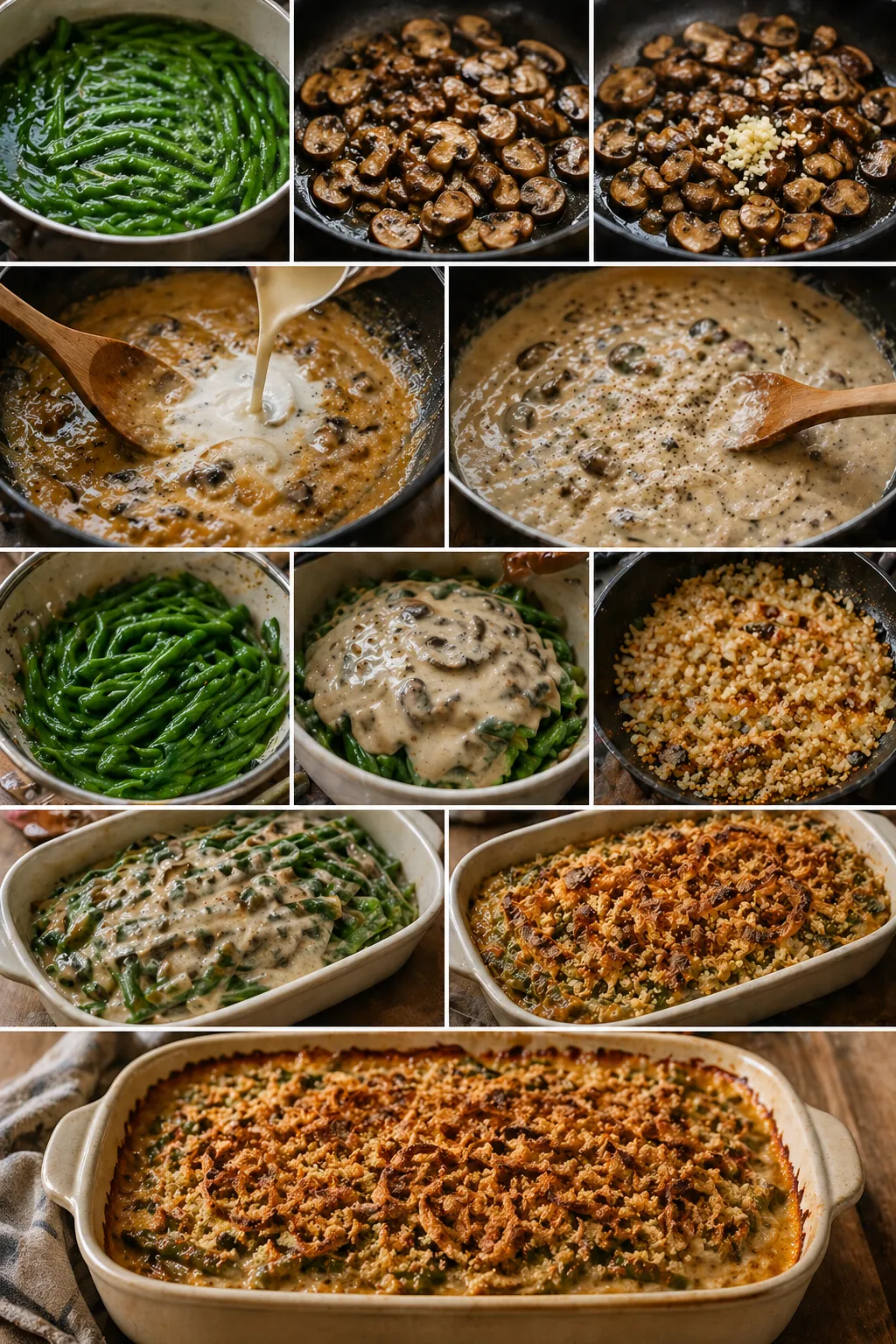 Collage of green bean casserole cooking steps from prep to baking