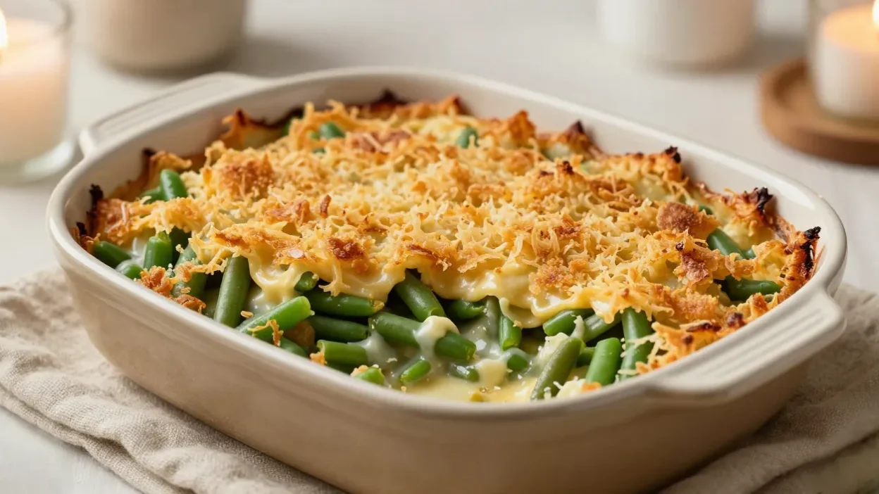 Green bean casserole with crispy topping in a warm, cozy setting